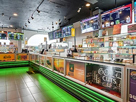 The expansive Product counters at Cannabis 21+ dispensary