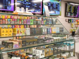 Products in glass cases Cannabis 21+ dispensary