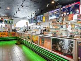 The expansive Product counters at Cannabis 21+ dispensary